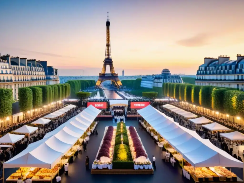 Un festín de sabores en París durante Concursos gastronómicos en Francia, con chefs de todo el mundo y la Torre Eiffel al fondo al atardecer