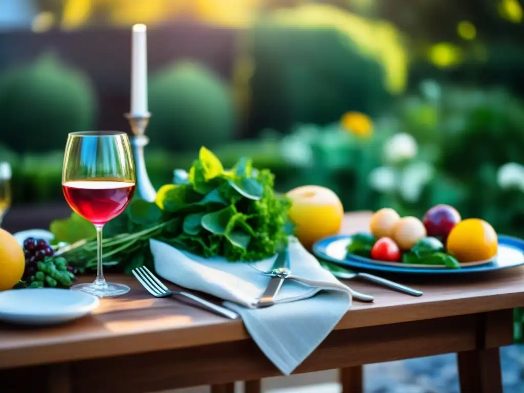 Un festín veraniego con Rosado de Provenza vino, platos frescos y luz cálida en un jardín exuberante