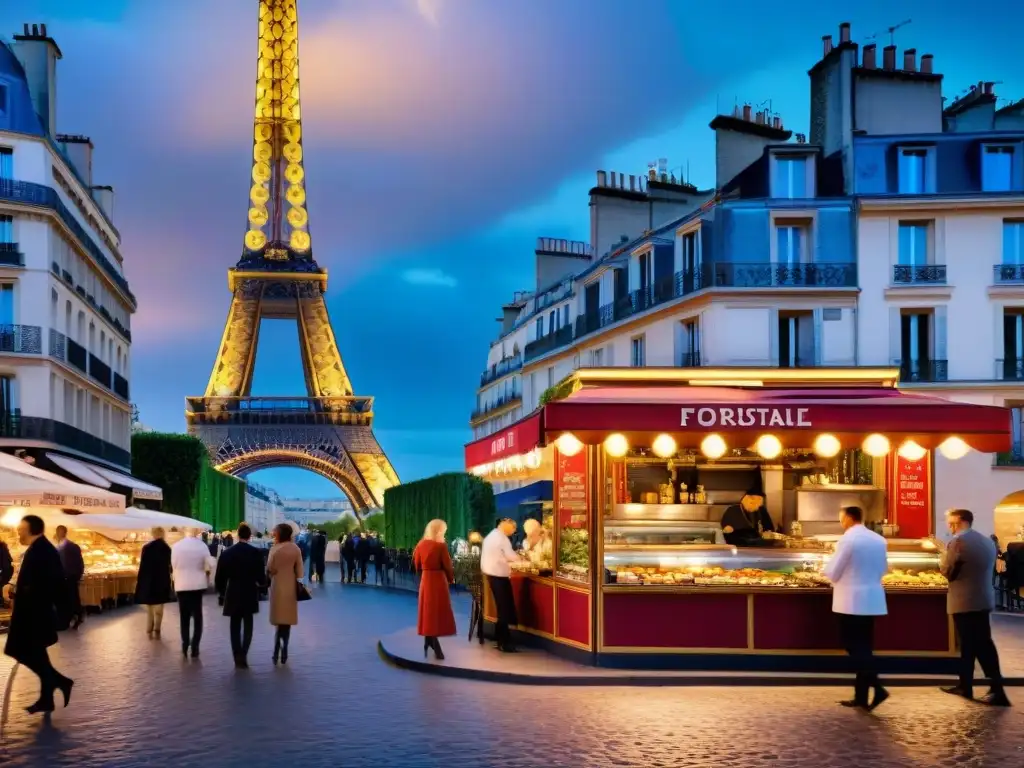 Un festín visual de la gastronomía francesa en las calles de París, con chefs preparando platos clásicos bajo la Torre Eiffel