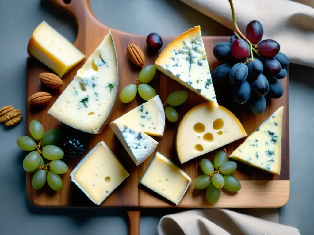 Un festín visual de quesos franceses: Brie, Roquefort, Comté y Chevre, rodeados de uvas y higos frescos