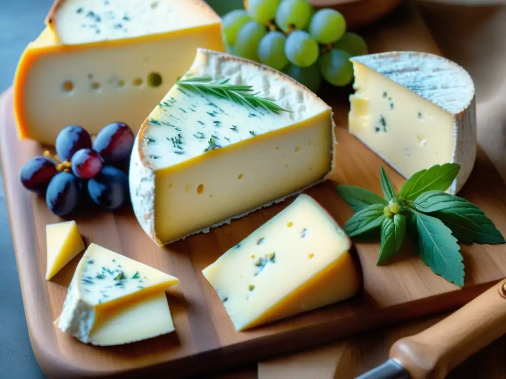 Un festín visual de quesos franceses en un tablero rústico, rodeado de uvas frescas y hierbas aromáticas