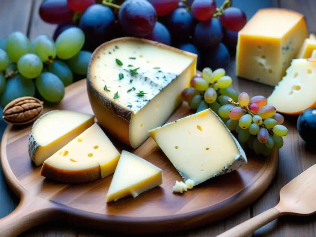 Un festín visual de quesos tradicionales de Alsacia: Munster, Comté y Tomme, junto a pan, uvas y nueces en una tabla de madera