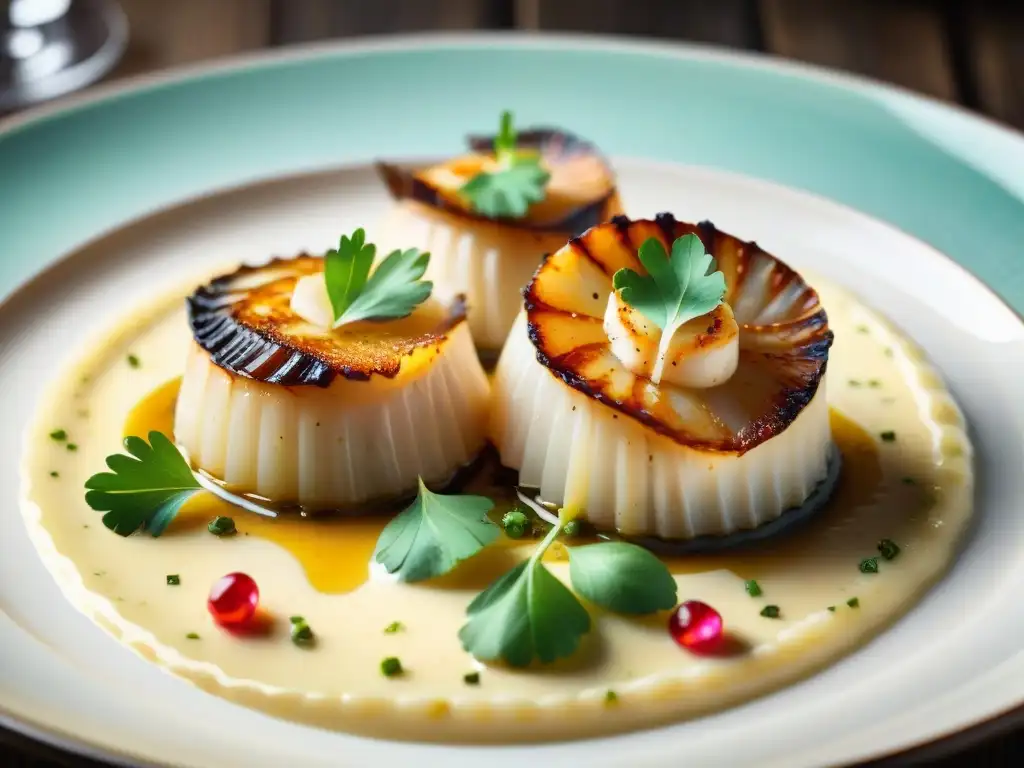 Un festín visual de la receta Coquilles Saint Jacques Normandía: vieiras doradas con salsa cremosa y hierbas, decoradas con pimienta rosa