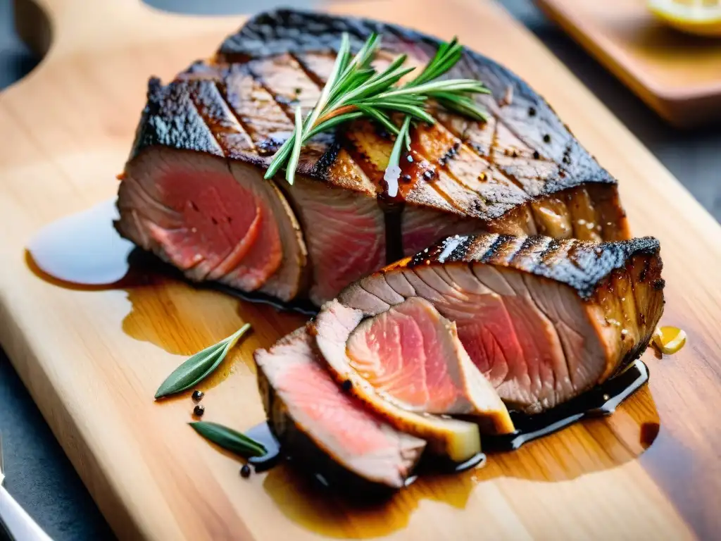 Un festín visual: un suculento filete sellado a la perfección y un filete de salmón junto a copas de vino francés