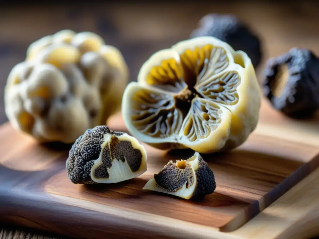 Un festín visual de trufas blancas y negras en tabla rústica