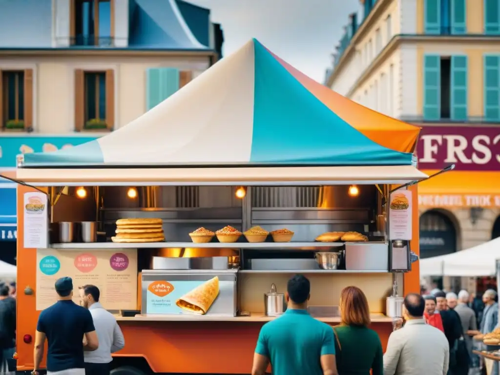 Festival de food trucks: camiones coloridos con menús de crepes, quesos y pasteles en calles empedradas de Francia