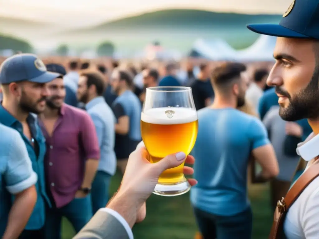 Festival de cerveza artesanal en Francia con tendencias de etiquetas y alegría en el atardecer