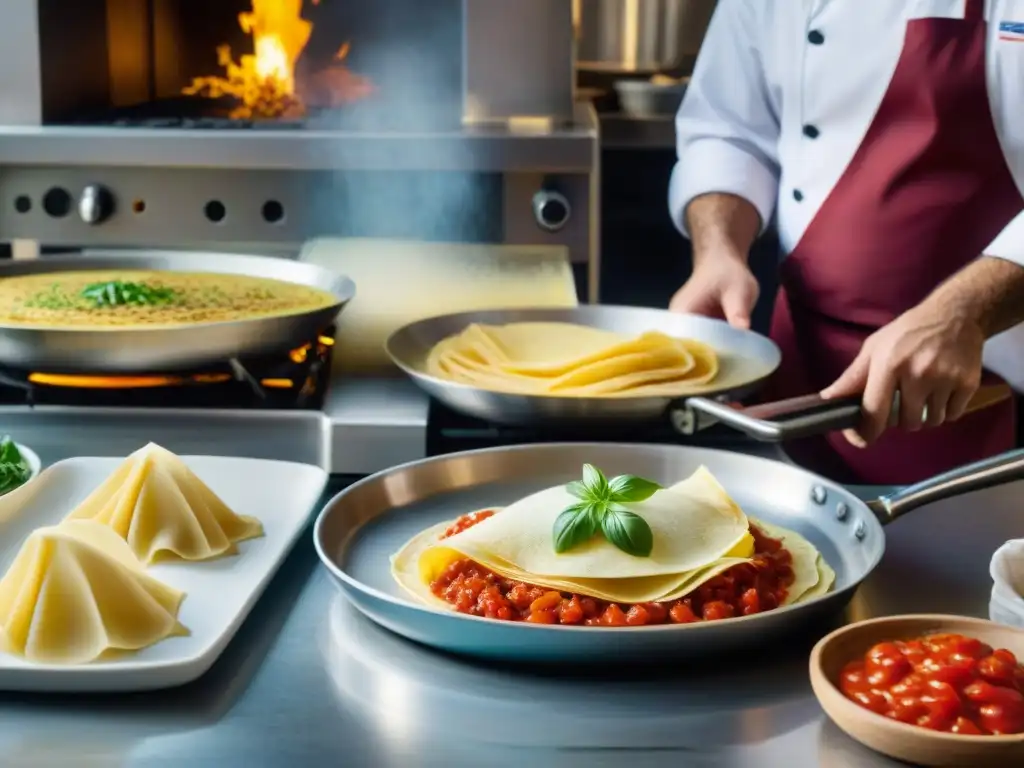 Un festival de comida francoitaliana: un chef francés volteando crepes y un chef italiano preparando lasaña en una cocina bulliciosa y colorida