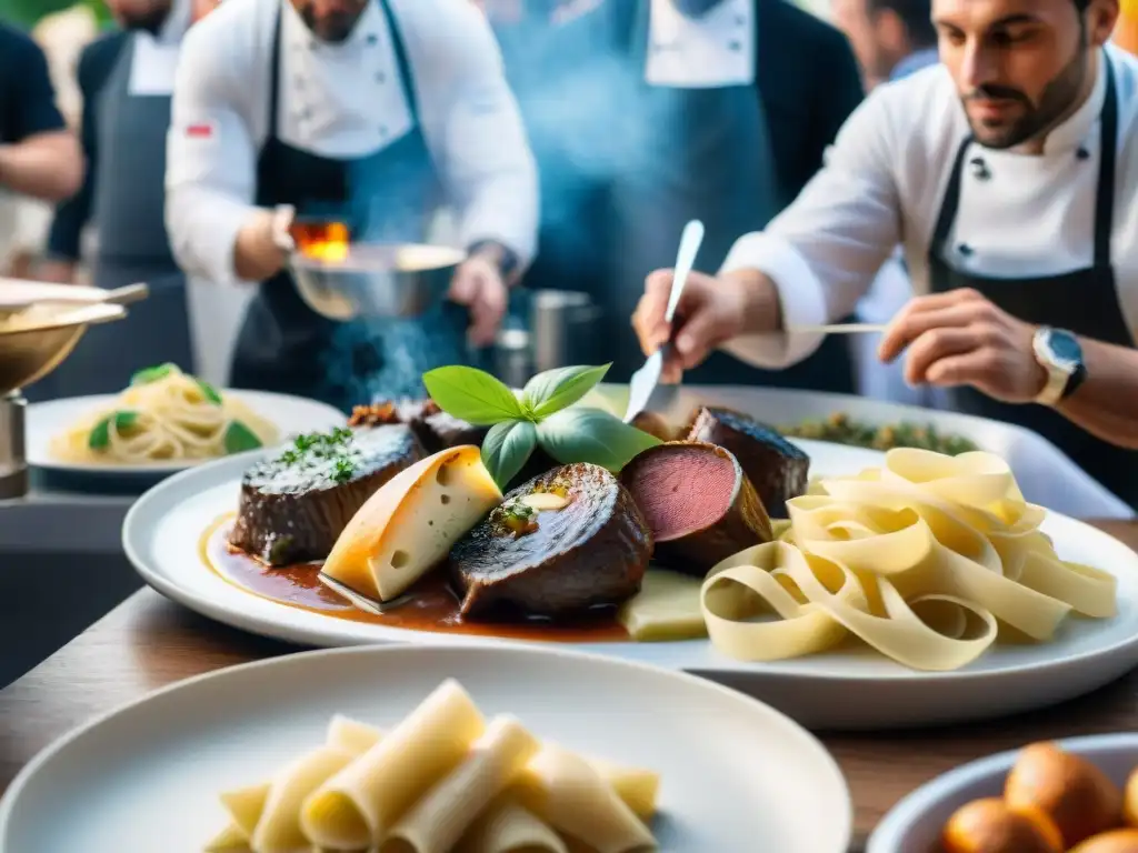 Un festival de comida francoitaliana: chefs preparando Coq au Vin y pasta fresca, aromas tentadores y unión de tradiciones gastronómicas