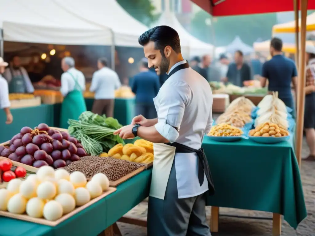 Festival de comida francoitaliana con chefs cocinando platos tradicionales y puestos coloridos de productos frescos y pasteles, capturando la esencia de un animado festival gastronómico