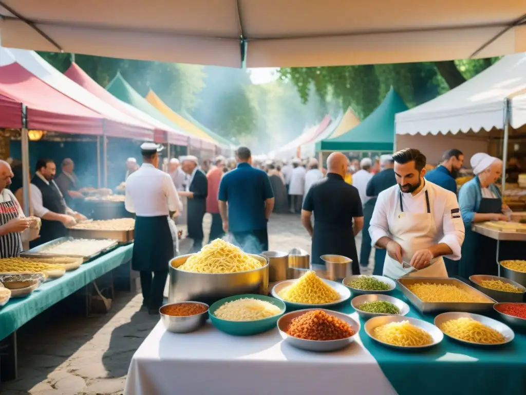 En un festival de comida francoitaliana, chefs preparan platos emblemáticos mientras visitantes disfrutan de la gastronomía multicultural