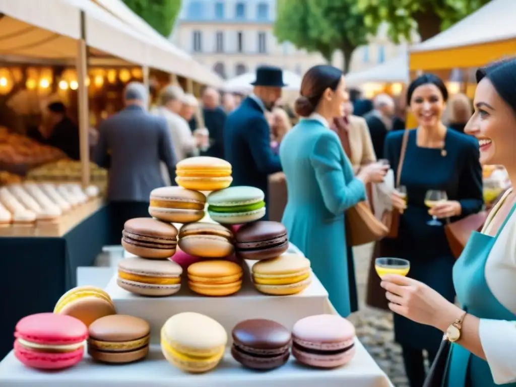 Un festival de gastronomía francesa rebosante de alegría, con coloridos puestos de macarons, croissants, quesos y vinos, y gente diversa disfrutando