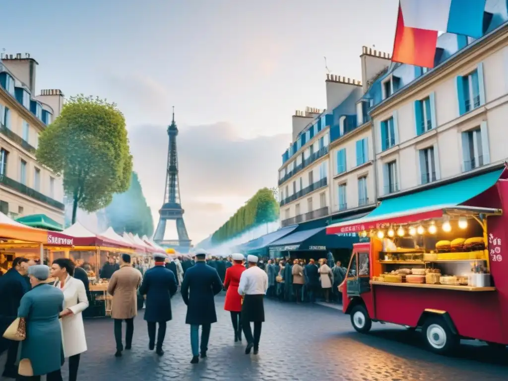 Festival gastronómico en una bulliciosa calle de Francia, con food trucks coloridos y chefs preparando platos franceses
