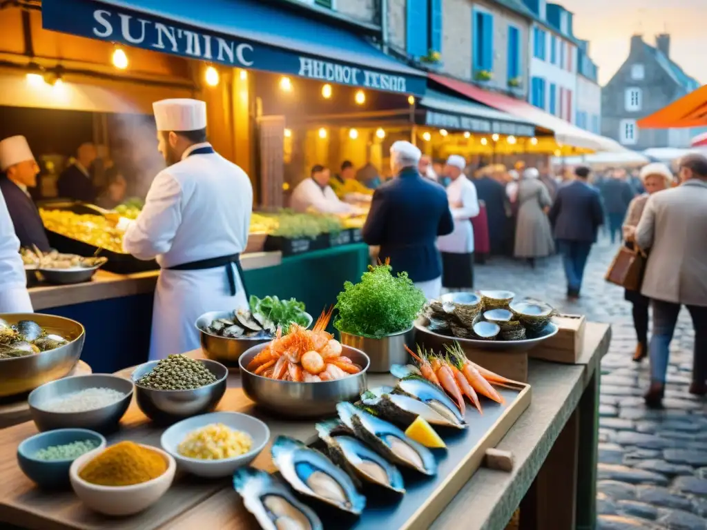 Un festival gastronómico en Francia: Calles bulliciosas de Honfleur con puestos de mariscos frescos y delicias locales