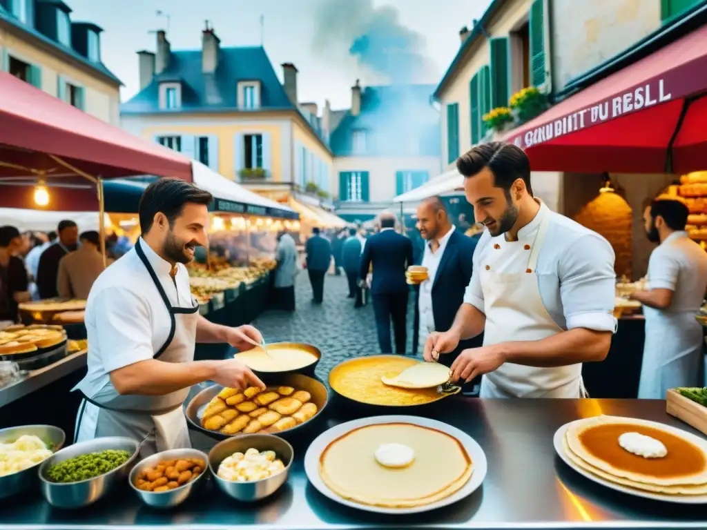 Un festival gastronómico en Francia: coloridos puestos de comida, turistas y locales disfrutando de delicias francesas