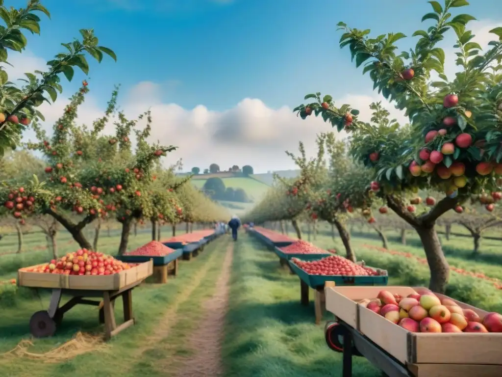 Un festival de la manzana en Normandía: agricultores recolectando manzanas mientras visitantes disfrutan de sidra fresca bajo árboles frondosos