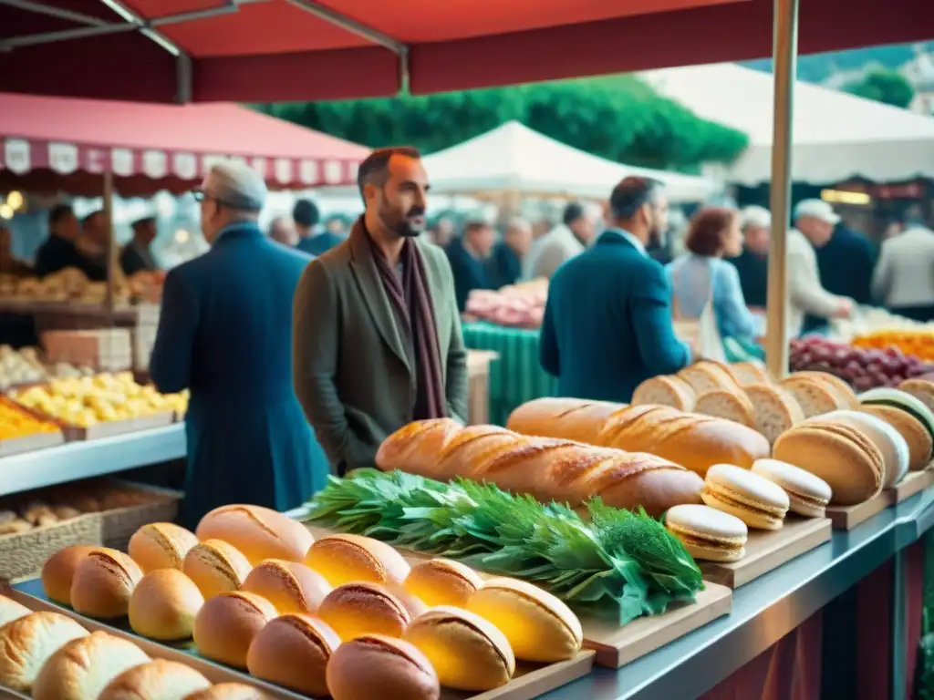 Festival de Cannes: mercado de comida francés con baguettes, macarons y quesos artesanales