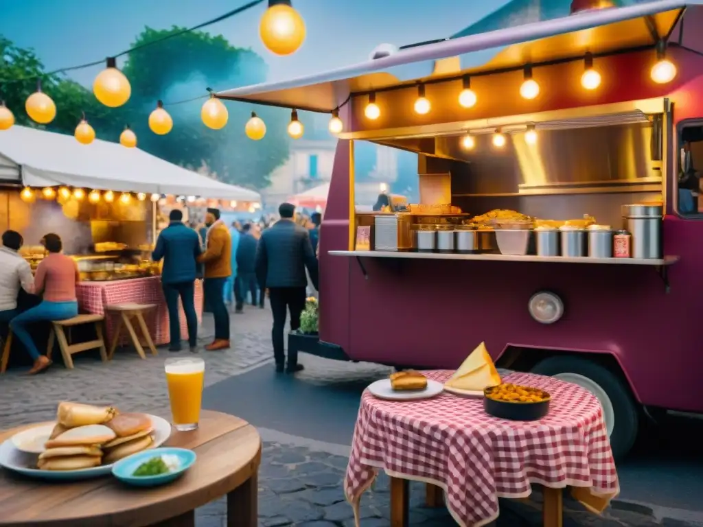 Un festival de food trucks en Francia: parejas disfrutando crepes y amigos probando hamburguesas gourmet bajo luces brillantes