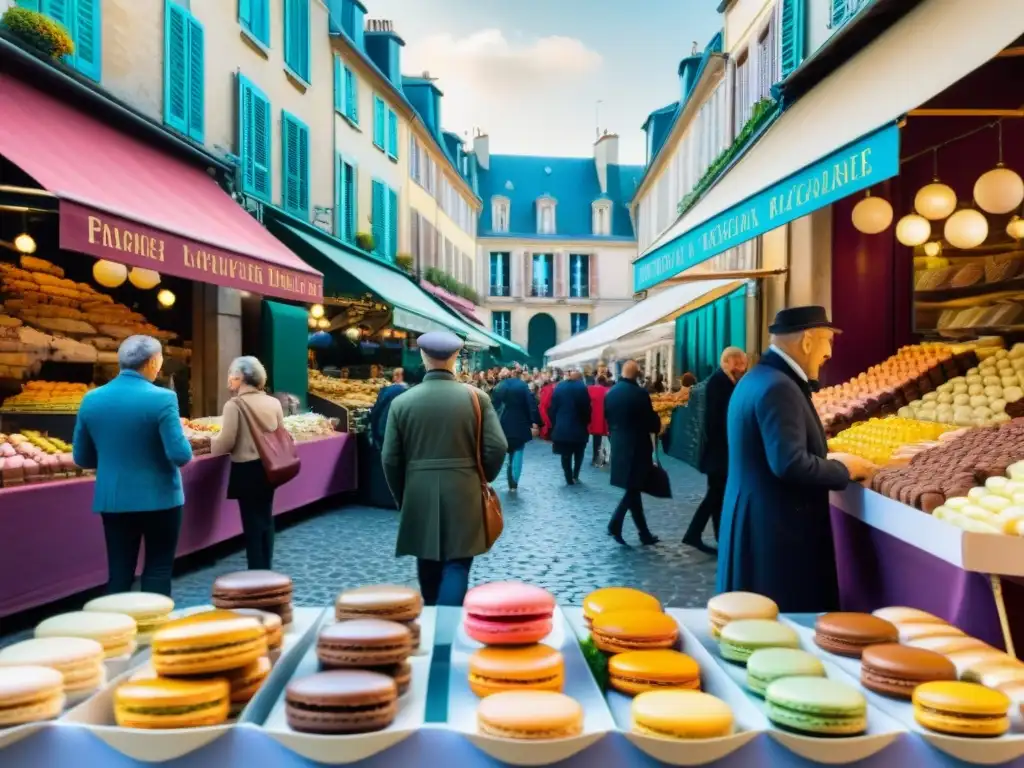 Un festival de postres en una bulliciosa calle francesa, repleta de coloridos puestos y delicias como macarons y crème brûlée