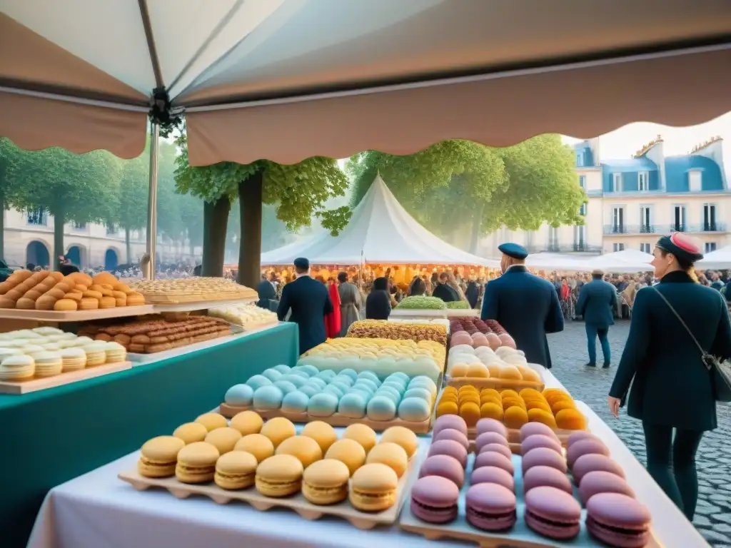 Festival francés de postres: chefs elaboran delicias bajo coloridos toldos mientras visitantes saborean exquisiteces