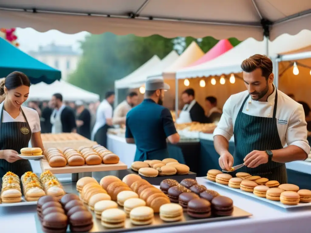 Un festival de postres francés bullicioso con una multitud diversa disfrutando de exquisitos dulces bajo coloridos paraguas