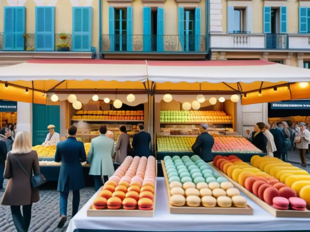 Un festival de postres franceses con macarons, éclairs y tartaletas bajo carpas blancas