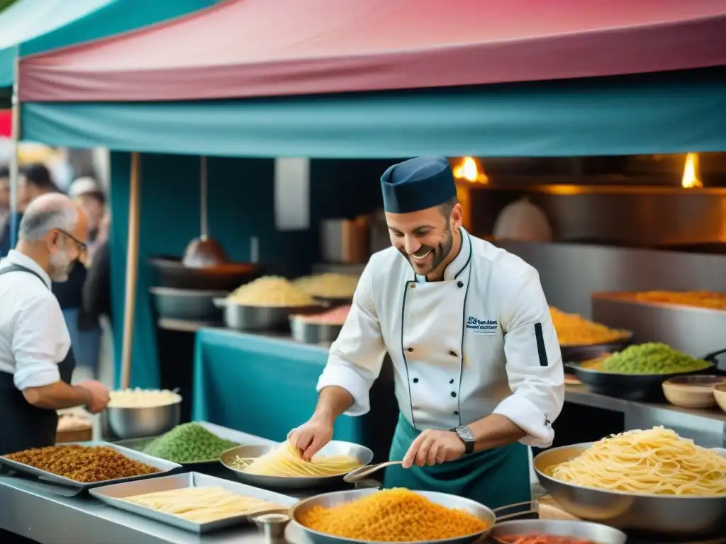 Festivales de comida francoitaliana: una escena vibrante de chefs preparando platillos gourmet en un animado festival gastronómico