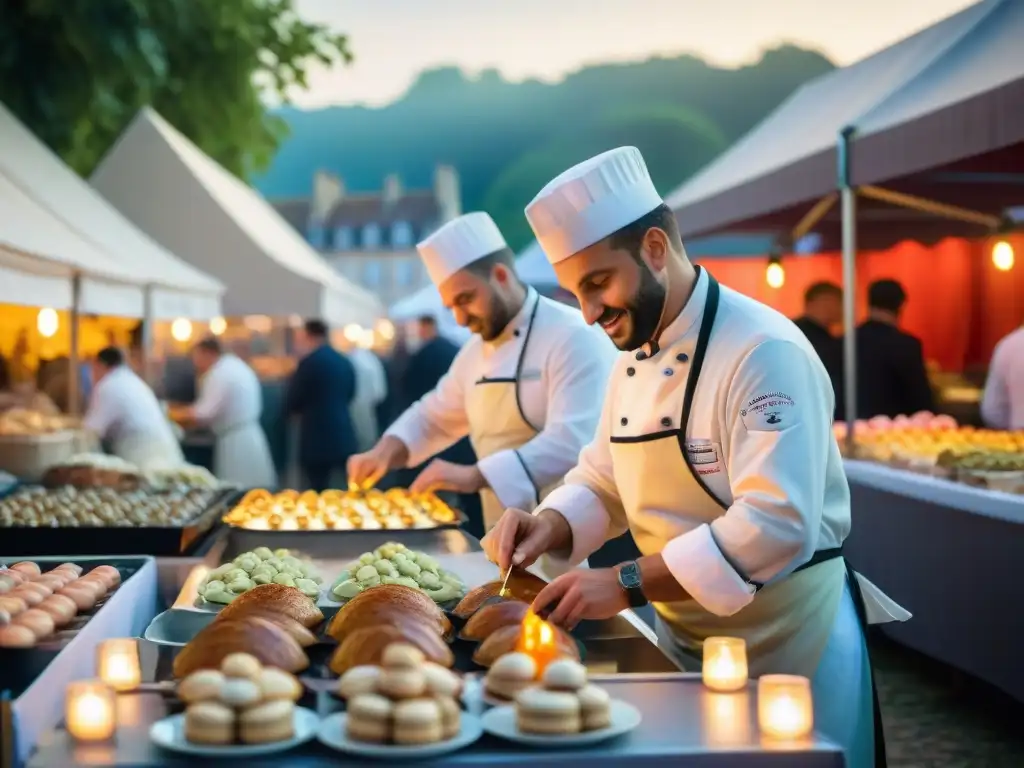 Festivales gastronómicos alta cocina Francia: Escena detallada de un bullicioso festival gastronómico francés al atardecer