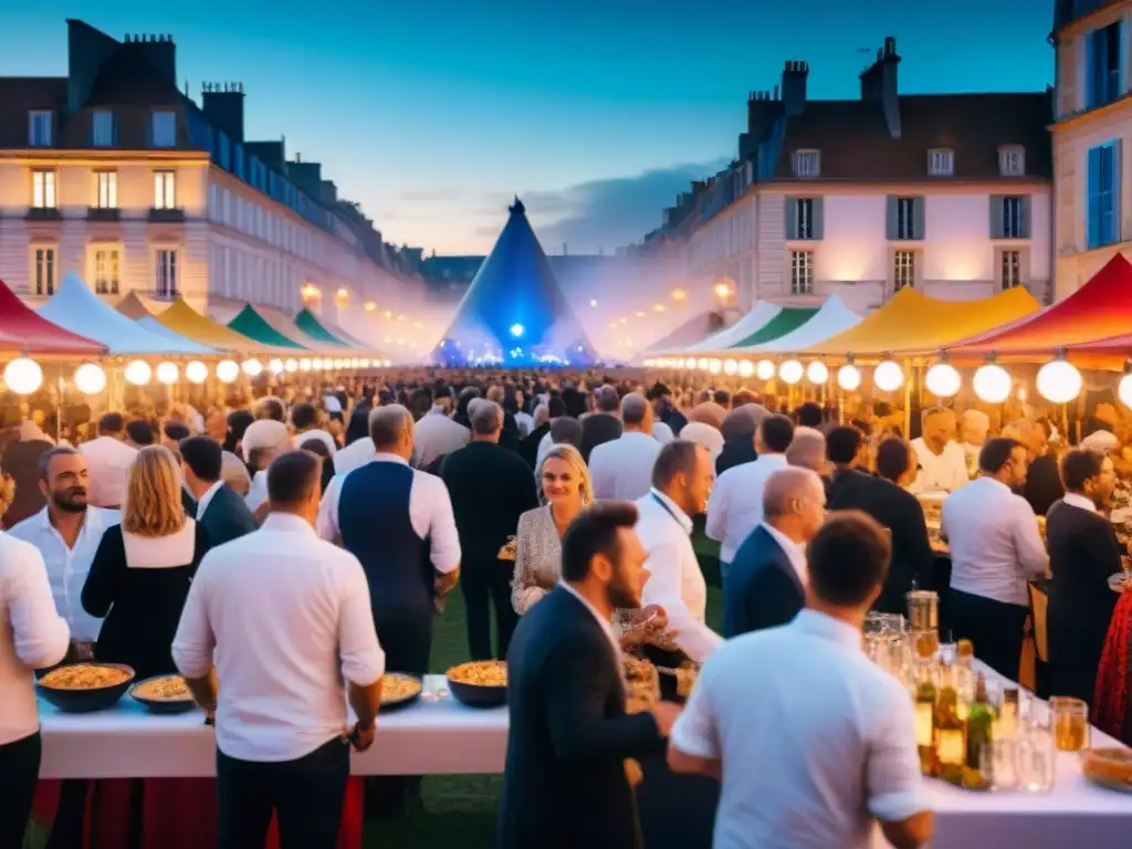 Festivales gastronómicos en Francia: Escena vibrante de festival con chefs, música y diversidad de asistentes al atardecer