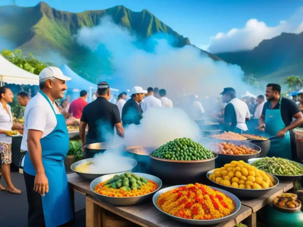 Festivales gastronómicos en Reunión: vibrante escena culinaria con puestos de frutas tropicales, chefs locales y visitantes disfrutando de delicias