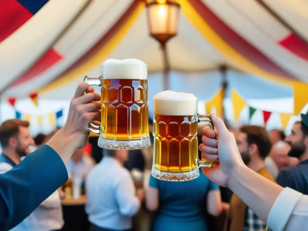 Celebrando en la Fiesta de la Cerveza Alsacia Francia con jarras tradicionales chocando en carpa festiva