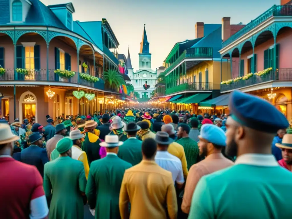 'Fiesta de Mardi Gras en Nueva Orleans con influencias de cocina francesa tradicional, multitud diversa y arquitectura colonial de fondo'