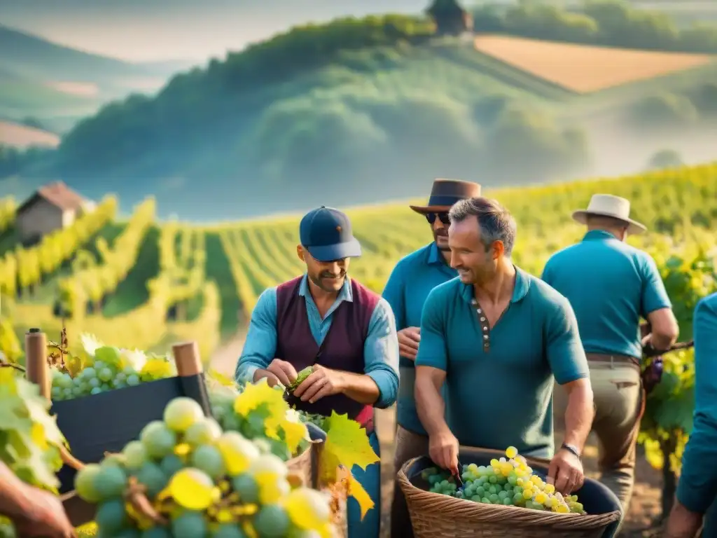 Fiesta de la Vendimia en Borgoña: Vinateros en tradicional atuendo cosechando uvas rodeados de coloridos adornos y la cálida luz del sol