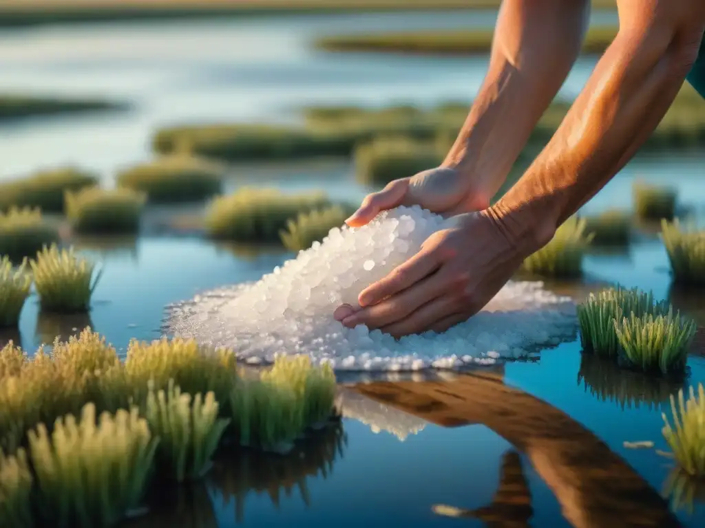 Recolectando Flor de Sal a mano en una marisma en Francia al amanecer