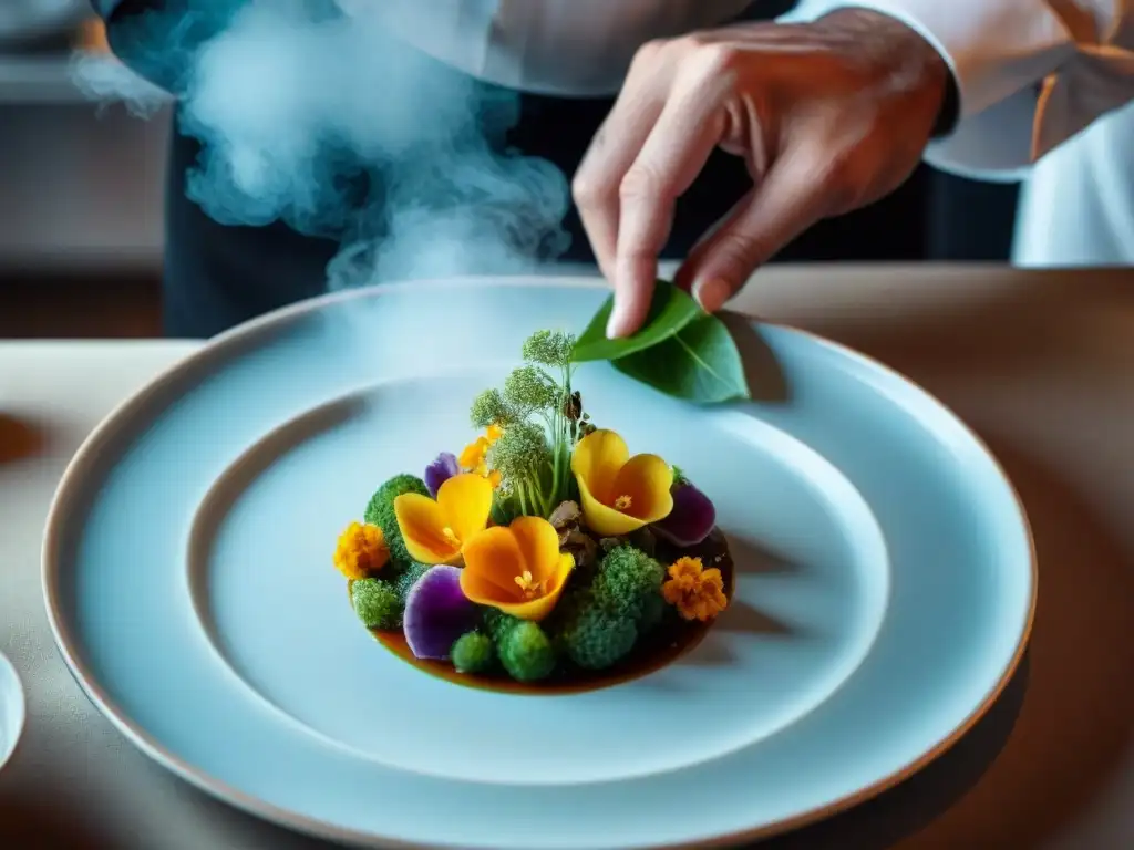 Marc Veyrat ordena flores comestibles y hierbas en un plato, mostrando su cocina botánica innovadora Francia