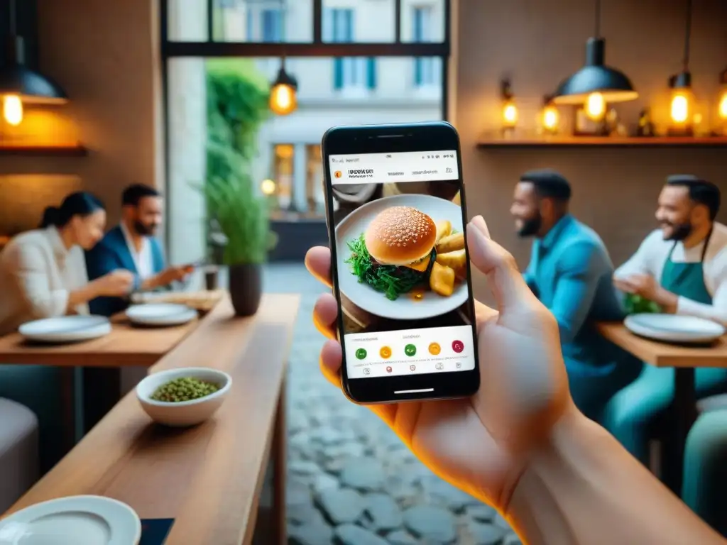 Foodies exploran restaurantes franceses en app recomendada, en un acogedor bistró