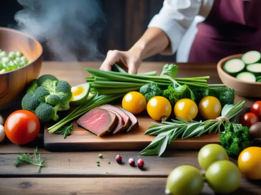 Fotógrafo gastronómico profesional preparando ingredientes frescos en mesa rústica con precisión y creatividad