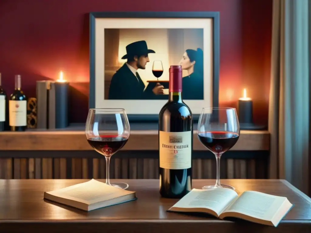 Escena íntima en café francés: vino, luz de vela y literatura Un rincón de café francés con vino tinto, velas y libro clásico