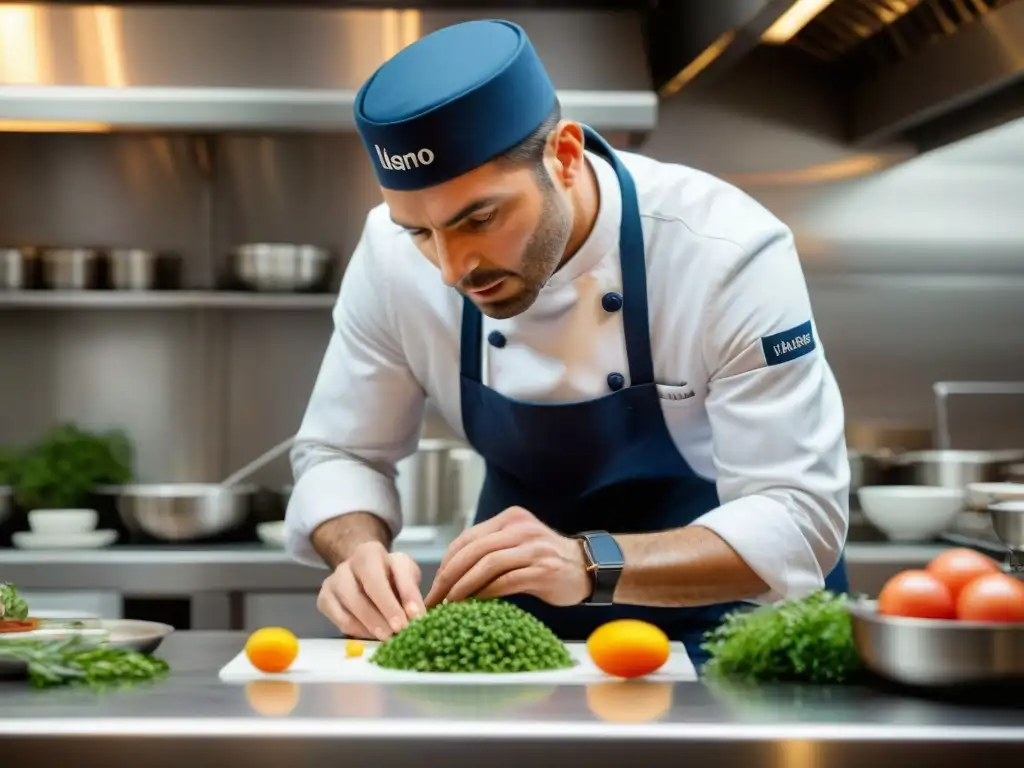 Innovación gastronomía francesa Yannick Alléno: El maestro culinario crea con pasión en su cocina parisina, rodeado de su equipo enfocado