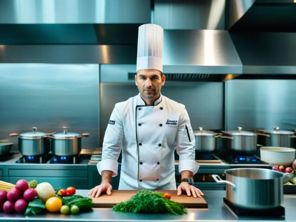 Innovación gastronomía francesa Yannick Alléno creando plato en cocina innovadora con ingredientes frescos y equipo avanzado