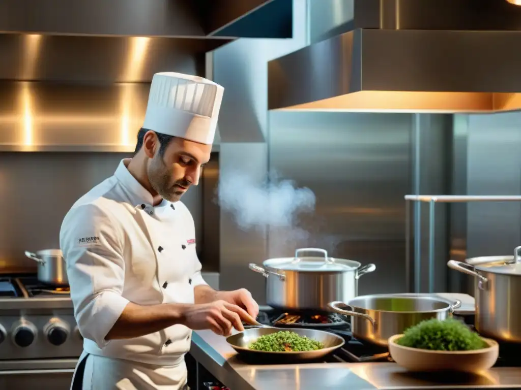 Innovación gastronomía francesa: Yannick Alléno prepara con precisión un plato francés en una bulliciosa cocina de alta gama