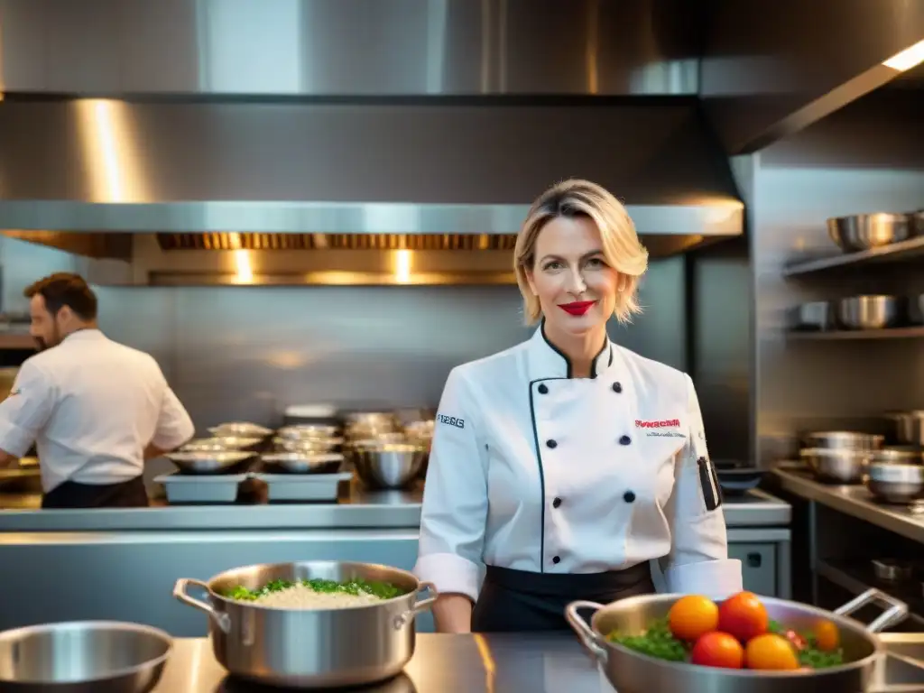 Chef Hélène Darroze lidera con pasión su brigada en cocina parisina Hélène Darroze lidera con pasión la gastronomía francesa en su bulliciosa cocina parisina, rodeada de su dedicado equipo de chefs