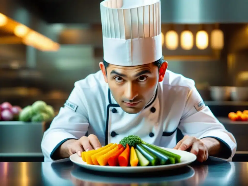 Inspiración gastronomía francesa cine: Joven chef dispone creativamente vegetales en plato, como en 'Ratatouille'