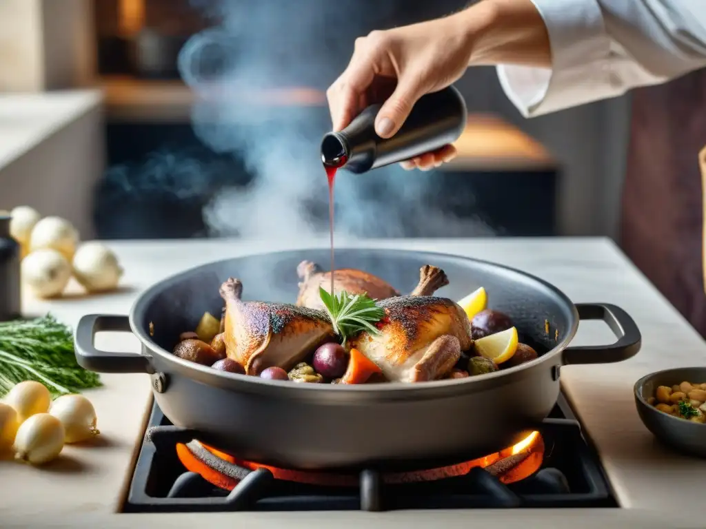 Aprende gastronomía francesa en casa: Chef francés preparando coq au vin en cocina rústica parisina