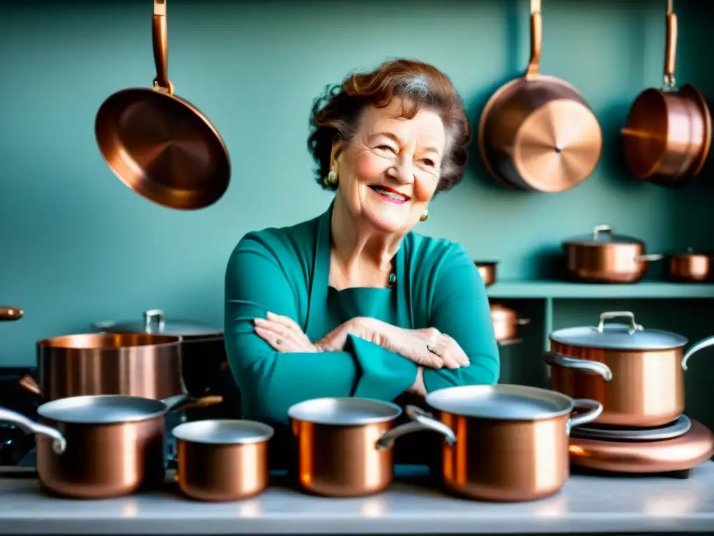 Julia Child, chef francesa influencia culinaria, sonriendo en su cocina llena de utensilios de cobre