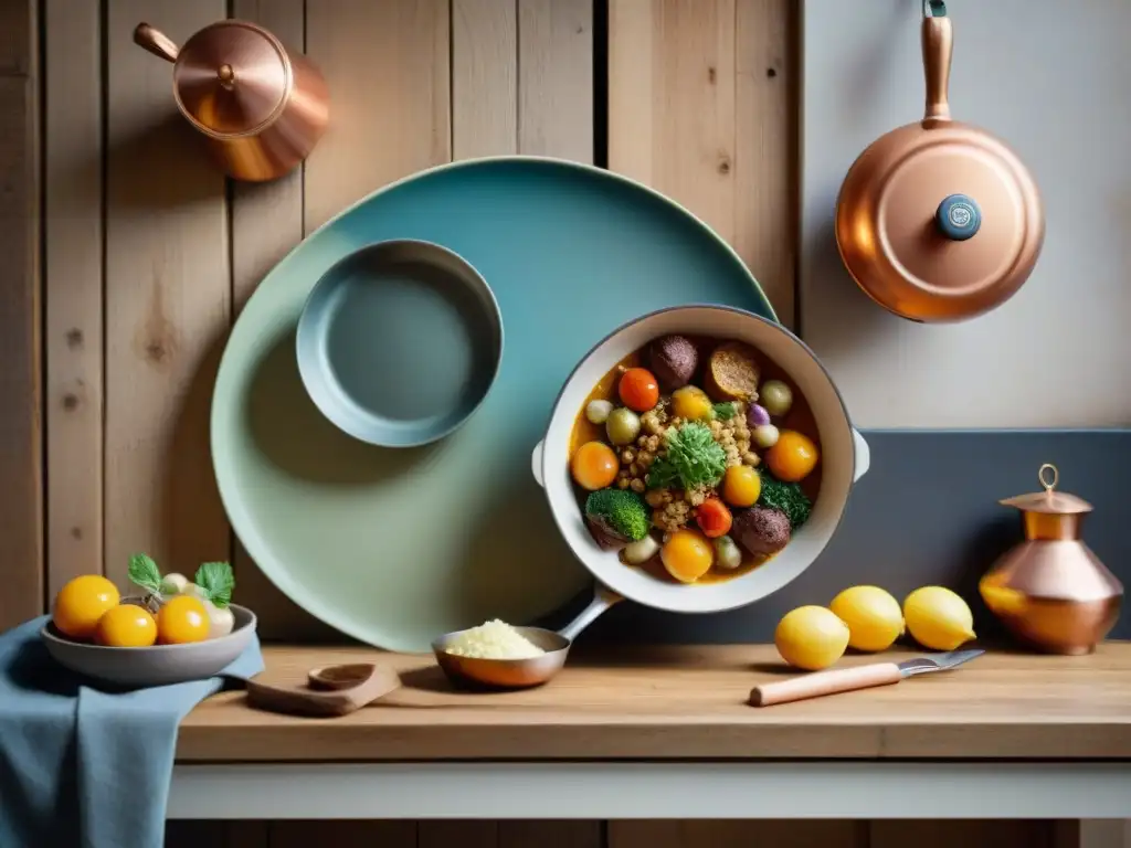 Una fotografía de gastronomía francesa innovadora con una presentación meticulosa en una mesa rústica de madera