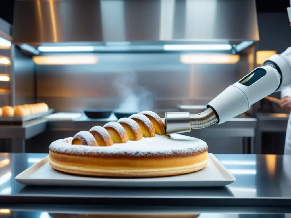 Innovación repostería francesa con inteligencia artificial: Robótica detallada adorna pastelería ante chefs asombrados