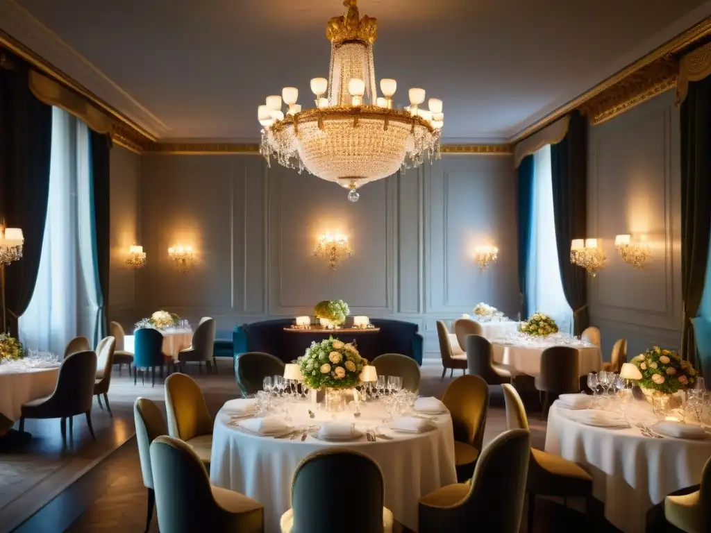 Gastronomía francesa de lujo en París: elegante comedor de Le Meurice con exquisita decoración y candelabros de cristal