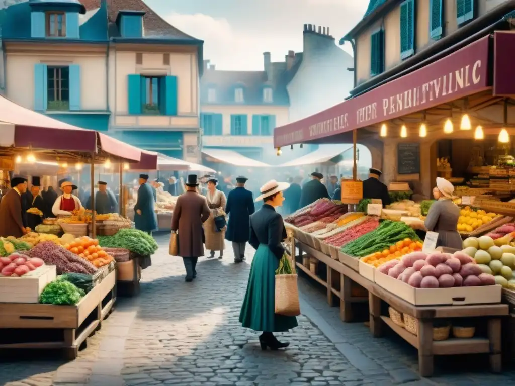 Transformación cocina francesa postrevolucionaria: Detallado mercado francés del siglo XIX, clientes elegantes y productos frescos