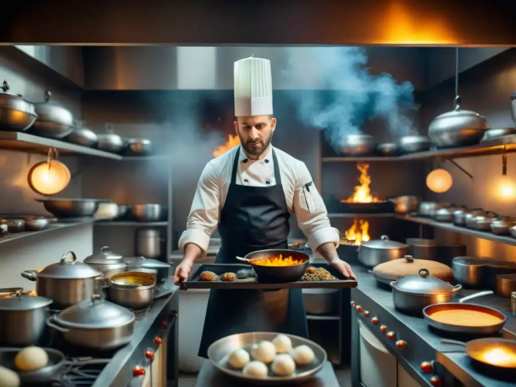 Transformación gastronomía francesa siglo XIX: Chef preparando exquisitos platos en bulliciosa cocina francesa del siglo XIX